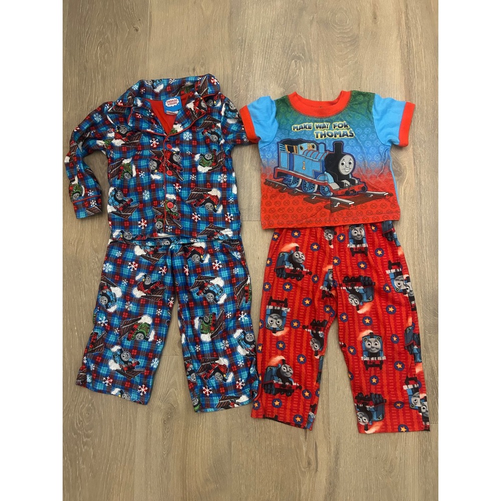 Thomas & Friends Blue Red Pajama Set Toddler 3T Plaid Fleece Train 2-Pack